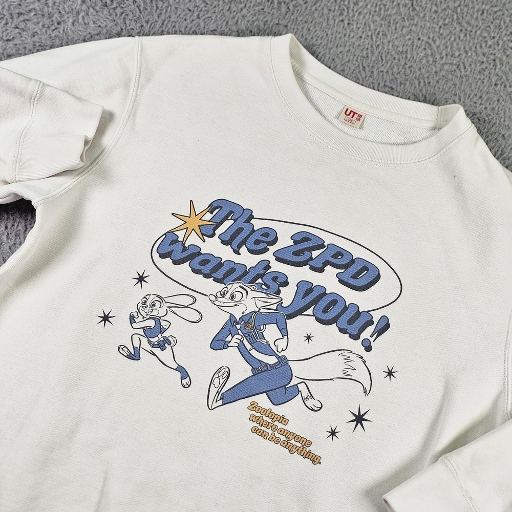 Uniqlo Sweatshirt Kids 14-16 White Zootopia Judy Hopps Nick Wilde Graphic Fleece